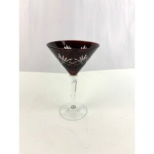 Vintage Ruby Cut To Clear Crystal Martini Glass Bohemian Red Etched Stemware